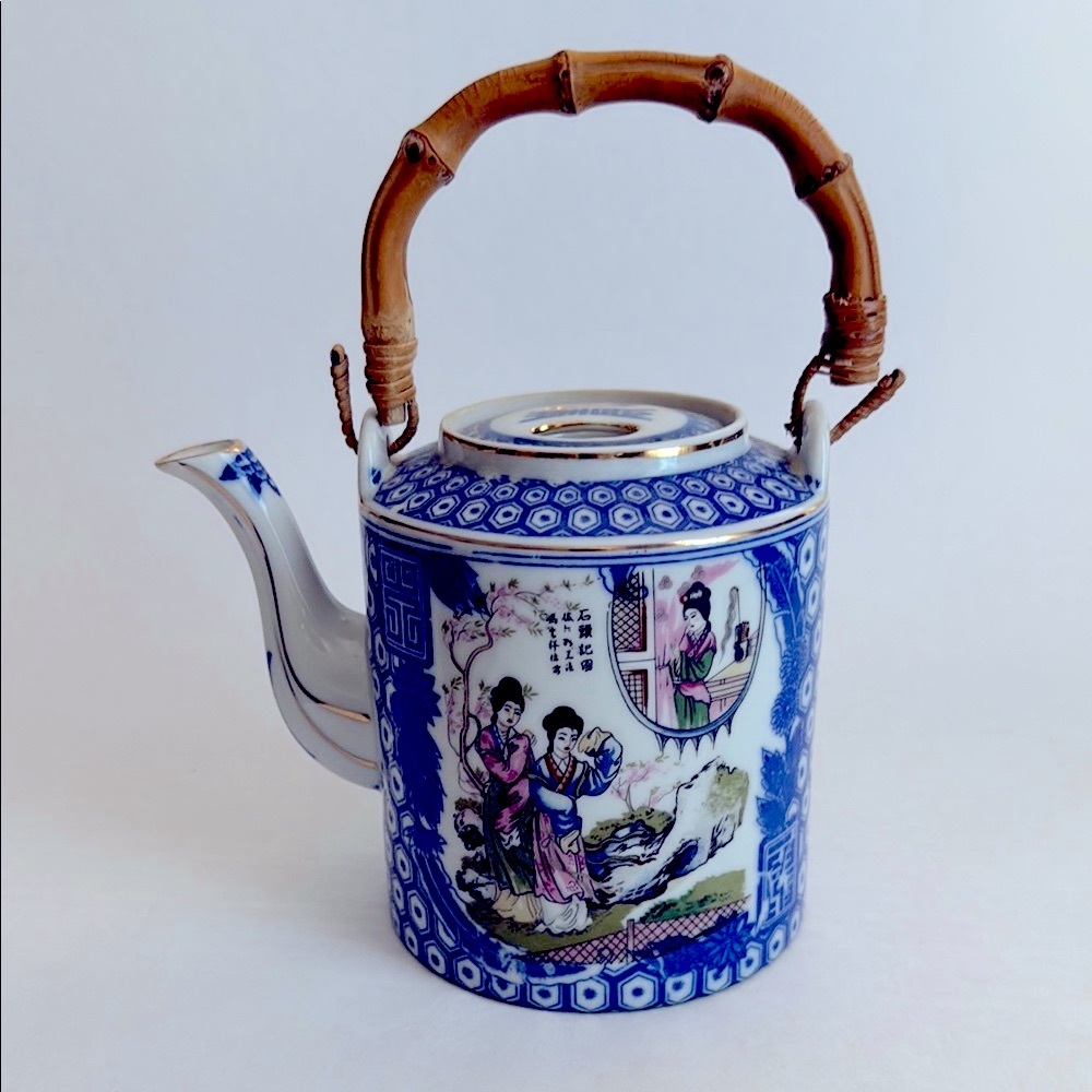 Vintage Japanese Blue and White Porcelain Teapot with Bamboo Handle & Lid 5.5”H